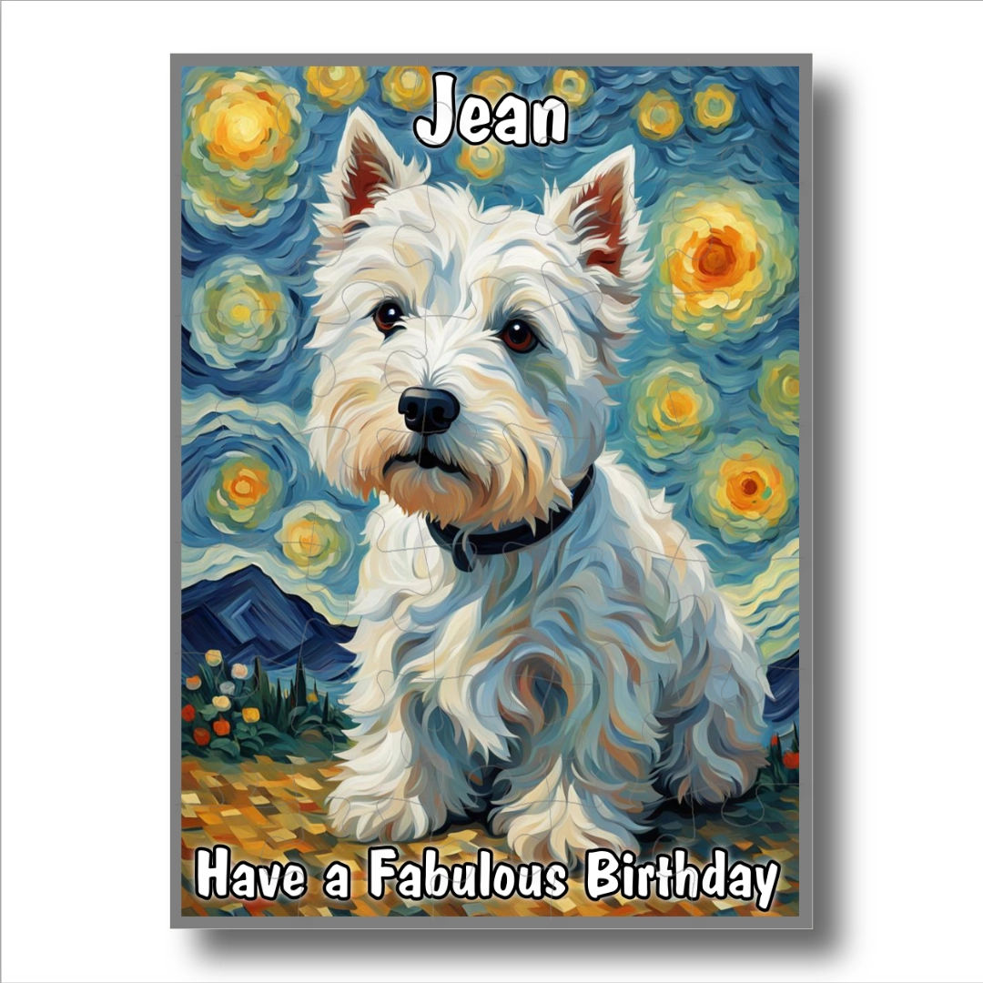 A personalised jigsaw birthday card with a cute westie and a “Happy ...